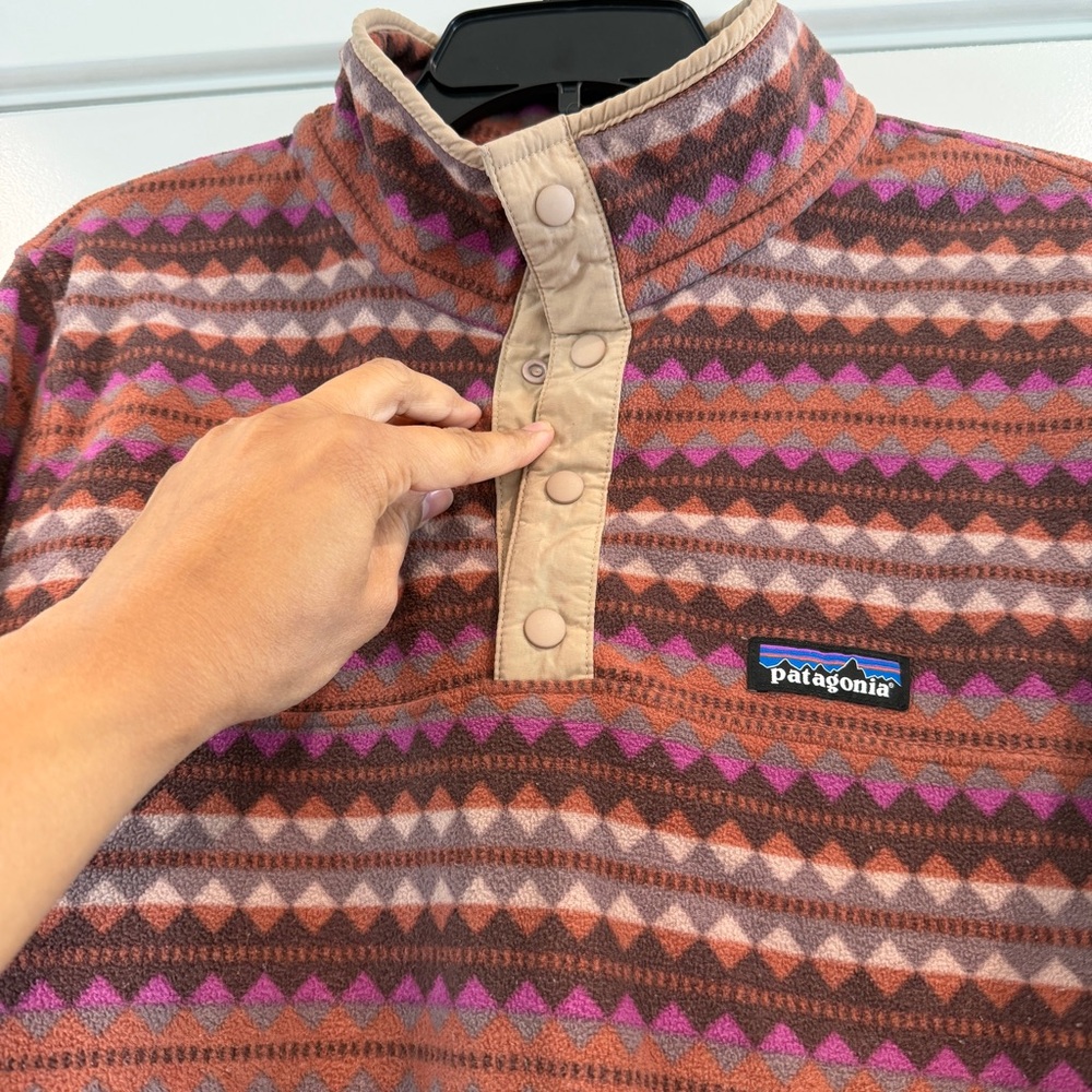 Patagonia Women’s Micro-D Snap-T Fleece in Pink Diamond Stripe Sisu Brown sz XL - Picture 10 of 11